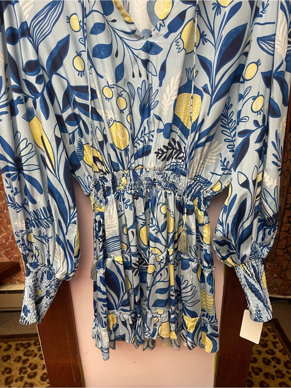 TAJ by Sabrina Crippa Blue and Yellow Floral Long Sleeve Smocked Dress - Picture 4 of 10